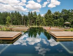 Badeteich mit Naturwasser und Holzliegen im Retter