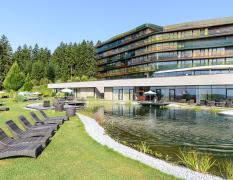 Aussenansicht des Hotels AVIVA mit Schwimmteich und Liegen