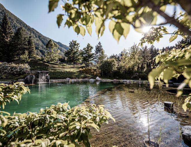 Schwimmteich vor dem Hotel BLEIB BERG
